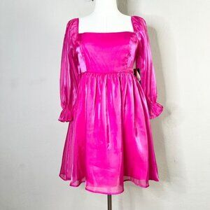 Inspired Hearts Mini Dress Pink Shimmer Square Neck Smocked Waist Puff Sleeve M